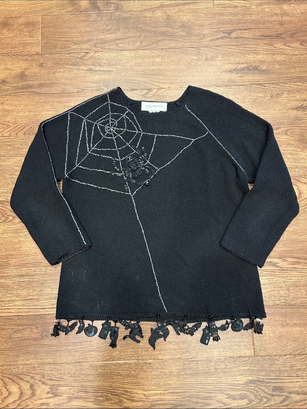 Susan Bristol Black Crewneck 2003 Sweater Spider Web Embellishment Halloween S